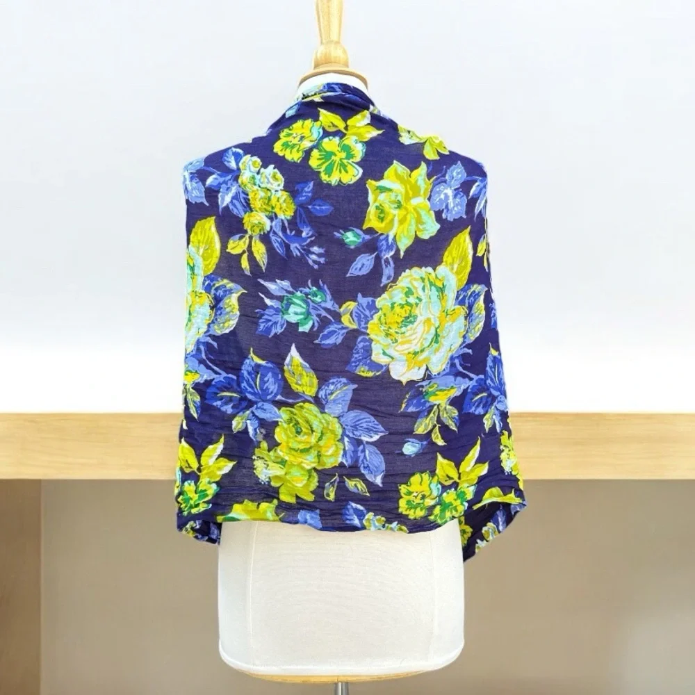 Isaac Mizrahi Blue Yellow Floral Scarf Fringe Wrap Shawl 70x26 OS